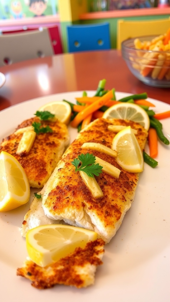 Crispy baked tilapia fillets on a plate with lemon wedges and steamed vegetables.